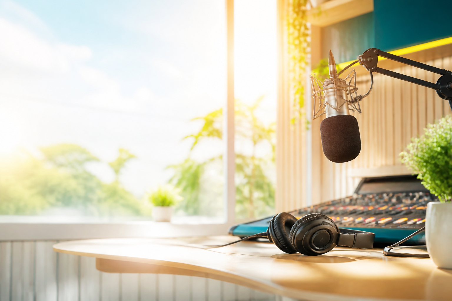 Warm radio studio with a broadcast microphone, headphones, and mixer lights